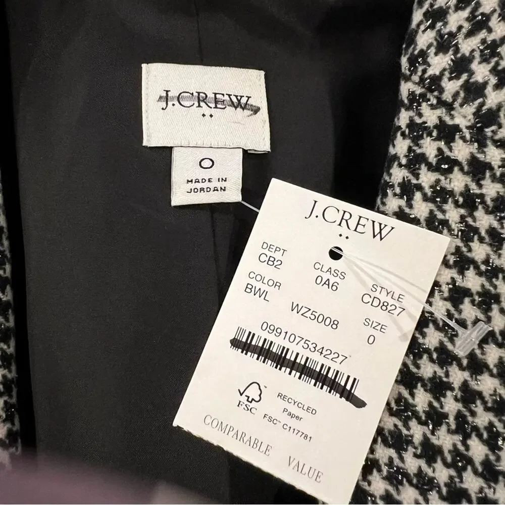 J.CREW Sparkle Houndstooth One Button Blazer Black White Chic Fancy Size 0 NEW